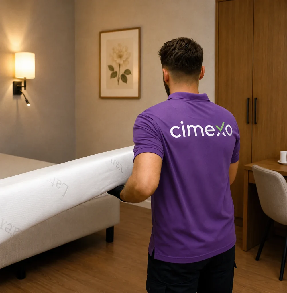Technicien Cimexo en polo violet inspectant un matelas lors d'une intervention punaises de lit