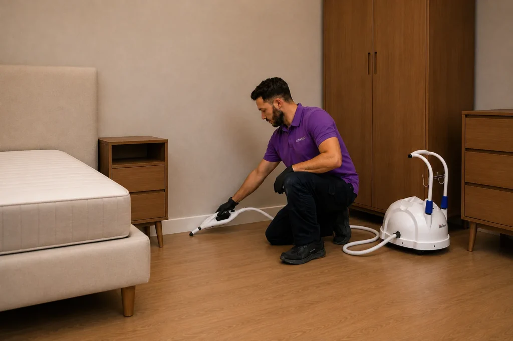 Technicien Cimexo traitant les plinthes d'une chambre a la vapeur contre les punaises de lit