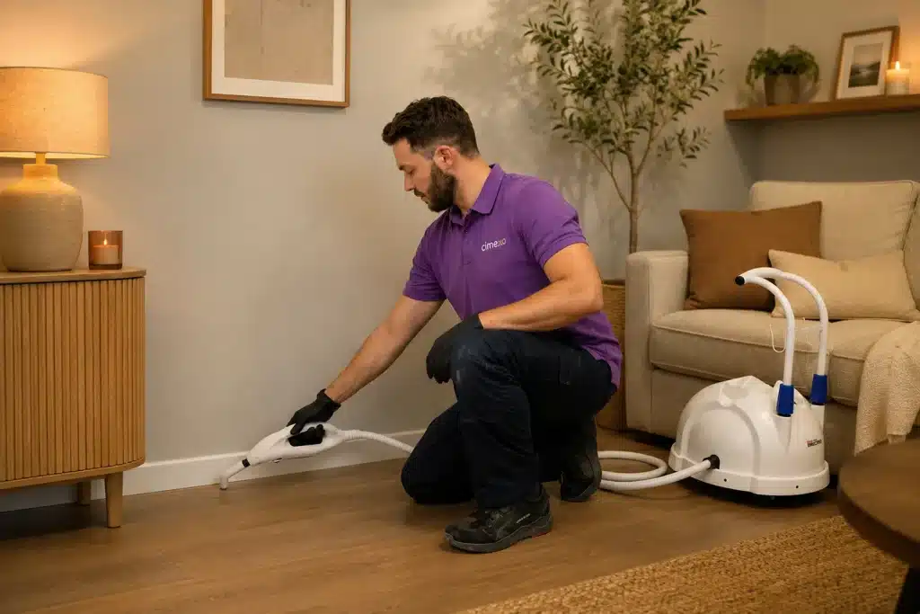 Technicien Cimexo appliquant un traitement vapeur sur une tete de lit contre les punaises de lit
