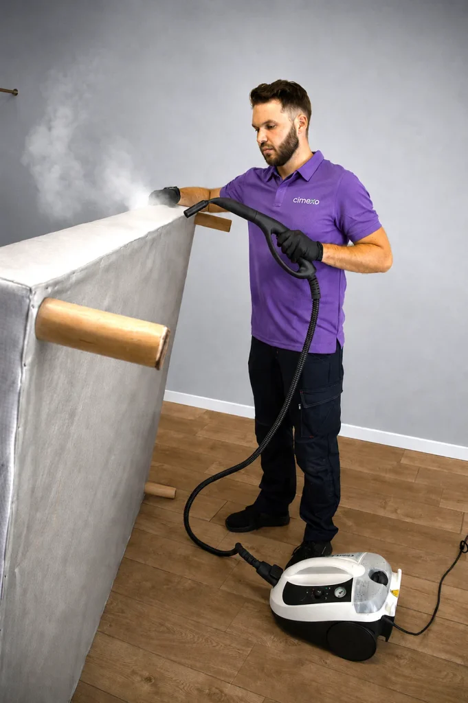 Technicien Cimexo en polo violet traitant une tete de lit a la vapeur contre les punaises de lit